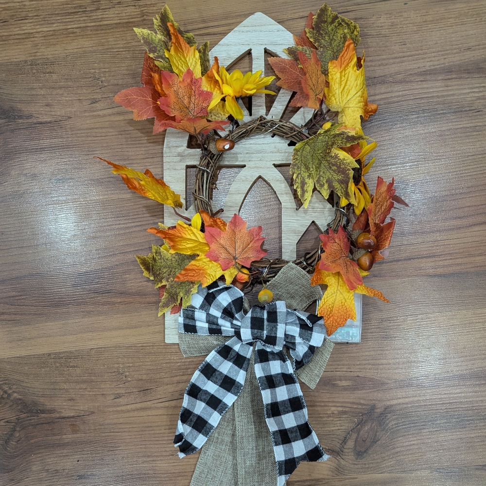 New Autumn Leaf Wreath with Black and White Bow